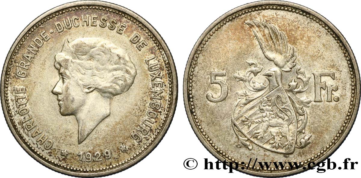 LUXEMBURGO 5 Francs Grande-Duchesse Charlotte 1929  BC+ 