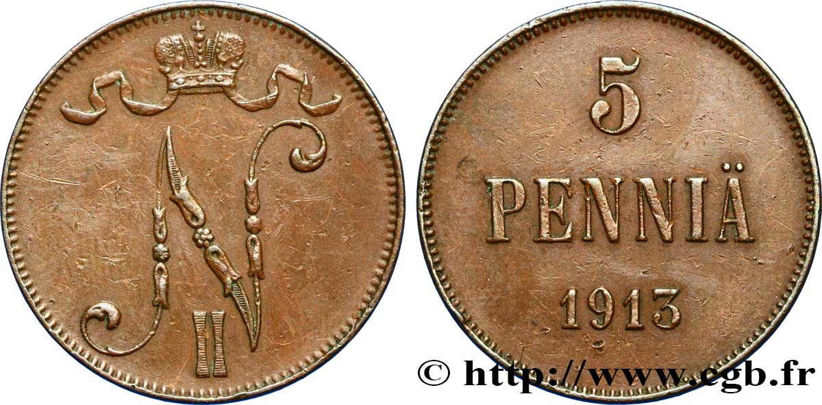 FINLANDIA 5 Pennia monogramme Tsar Nicolas II 1913  EBC 