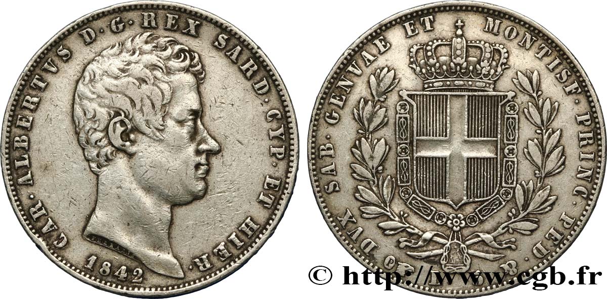 ITALY - KINGDOM OF SARDINIA 5 Lire Charles Albert 1842 Turin XF 