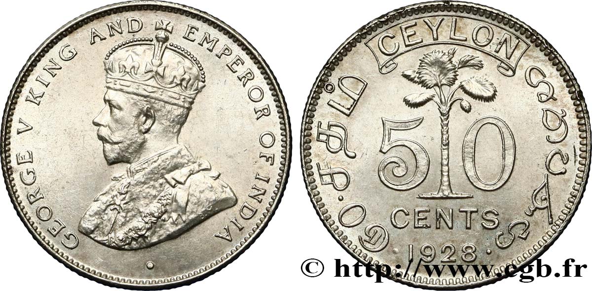 CEYLON 50 Cents Georges V 1928  MS 