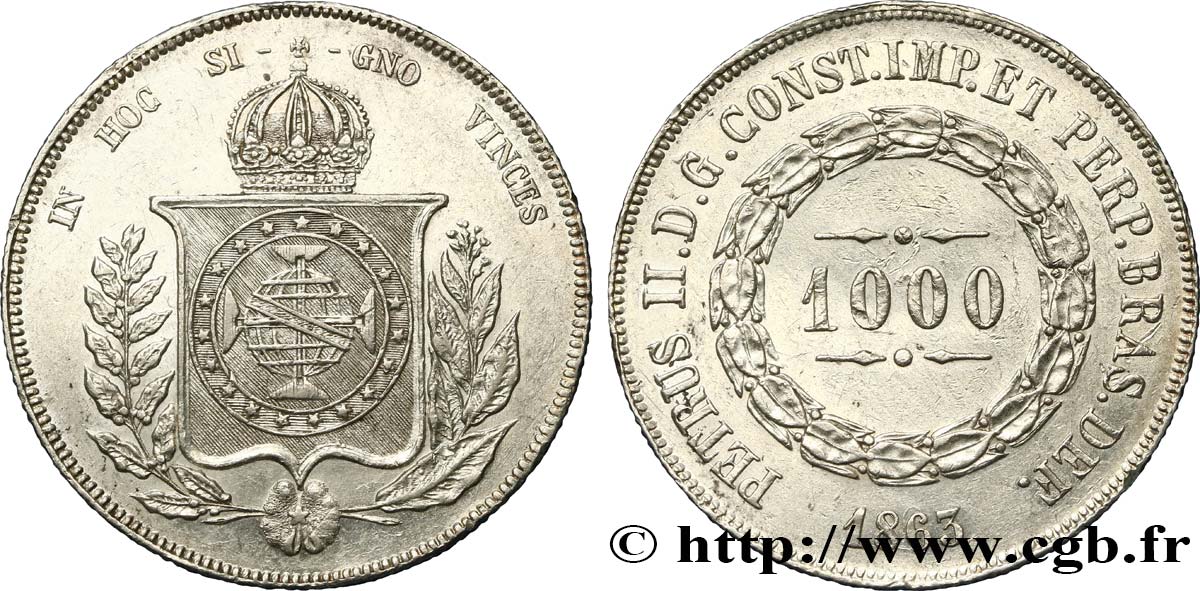 BRASIL 1000 Reis Empereur Pierre II 1863  MBC+ 