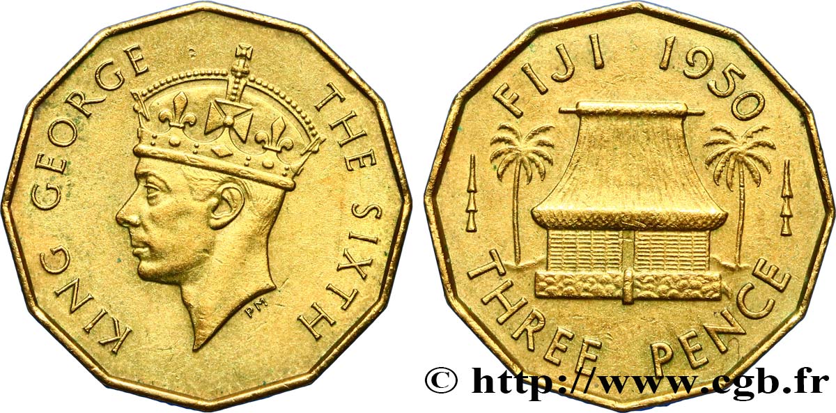 FIDJI 3 Pence Georges  VI / maison traditionnelle 1950  TTB 