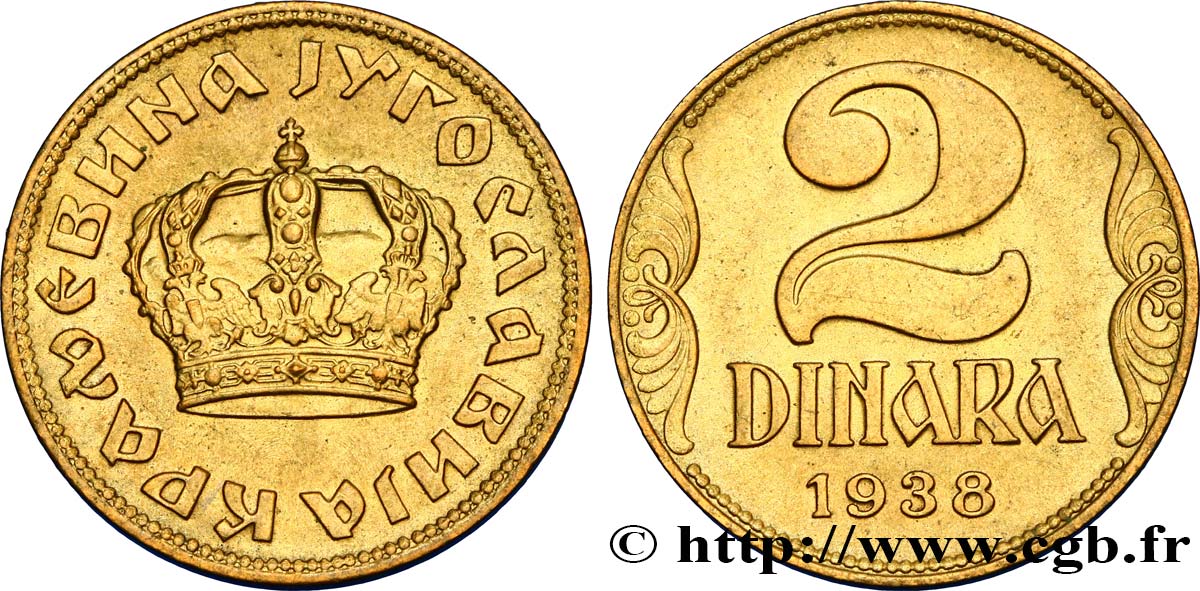 YUGOSLAVIA 2 Dinara couronne 1938  AU 