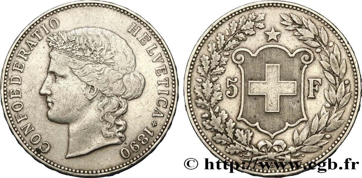 SUIZA 5 Francs Helvetia 1890 Berne MBC 