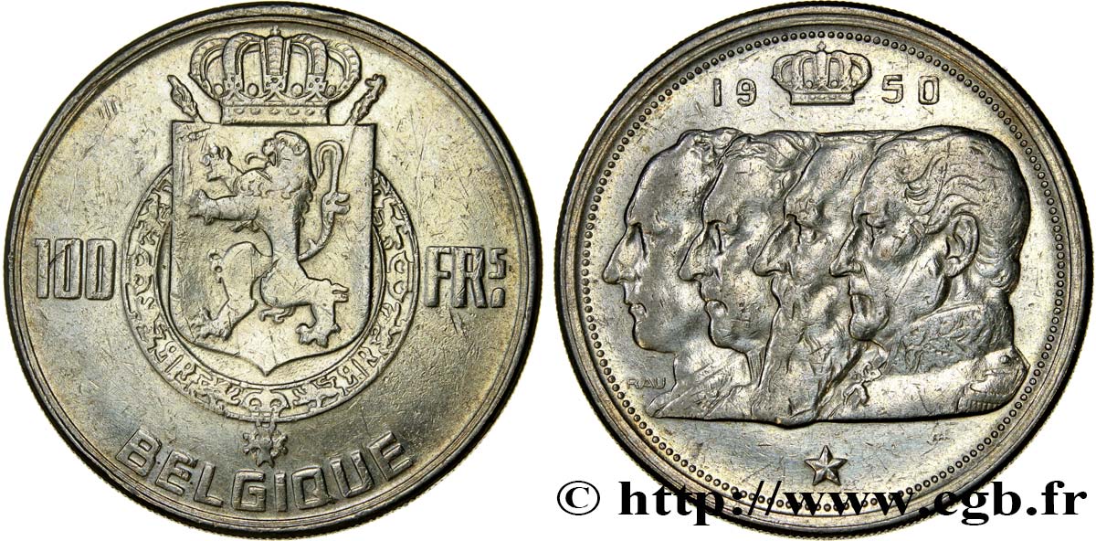 BELGIQUE 100 Francs armes au lion / portraits des quatre rois de Belgique, légende française 1950  TTB 