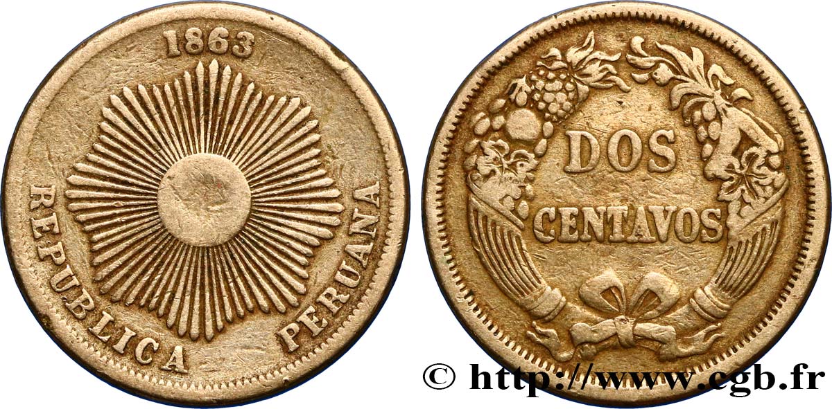 PERU 2 Centavos Soleil 1863  fSS 