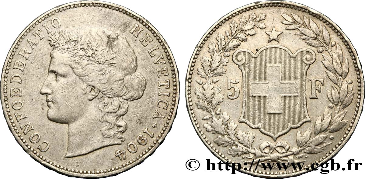SWITZERLAND - HELVETIC CONFEDERATION 5 Francs Helvetia 1904 Berne MBC 