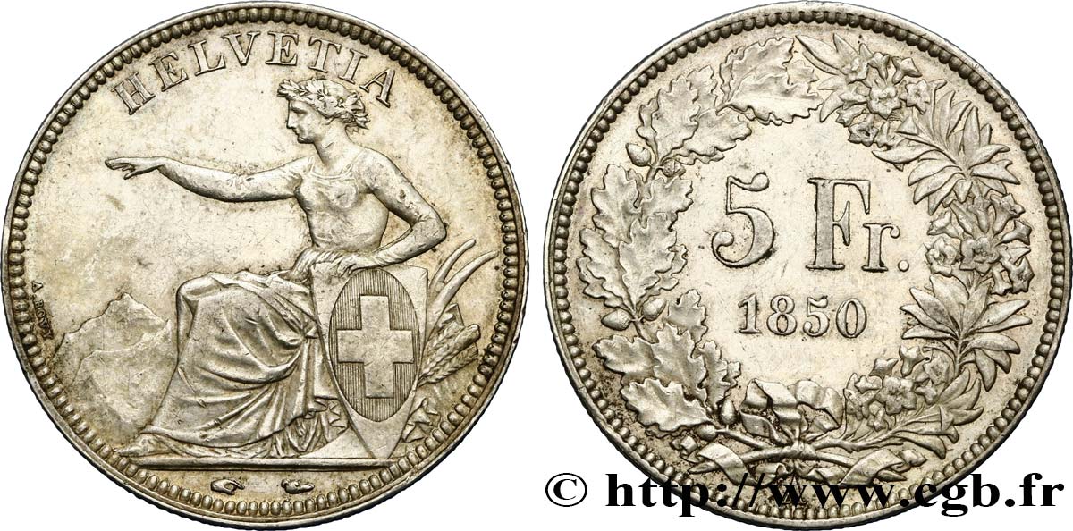 SUISSE - CONFEDERATION 5 Francs 1850 Paris MBC+ 