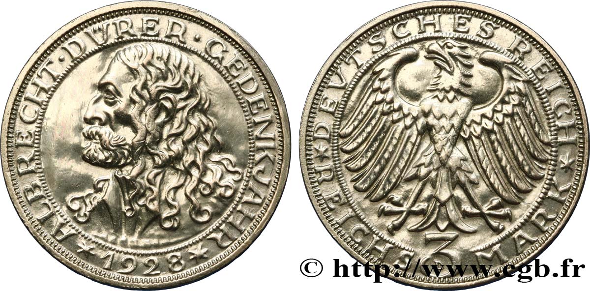 ALLEMAGNE - RÉPUBLIQUE DE WEIMAR 3 Reichsmark, Albrecht Dürer 1928 Munich VZ 