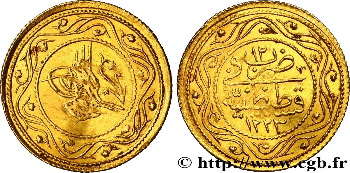 TURKEY - SULTAN MAHMUD II 2 Rumi Altin AH1223 an 13 1820 Constantinople AU 