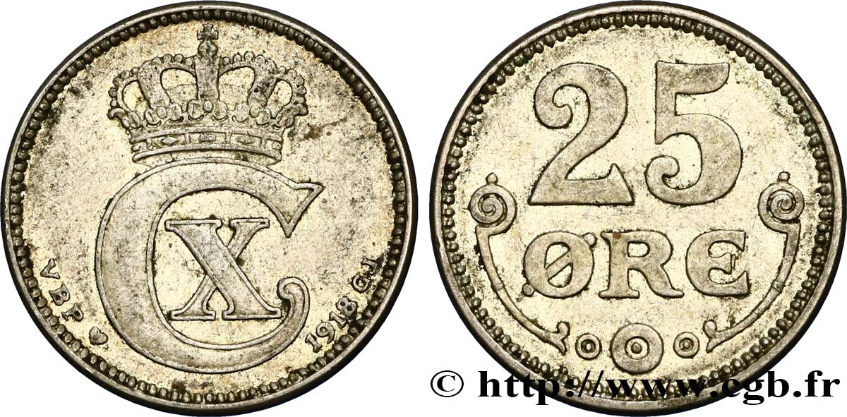 DINAMARCA 25 Ore monogramme de Christian X roi du Danemark 1918 Copenhague BB 