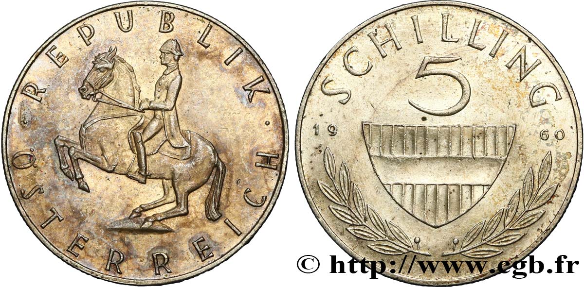 AUSTRIA 5 Schilling bouclier / cavalier sur un cheval Lippizan du haras de Piber  1960  AU 