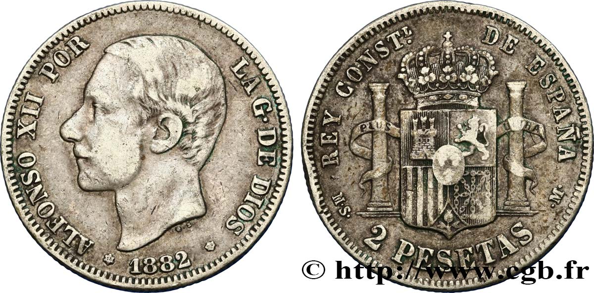ESPAÑA 2 Pesetas Alphonse XII / emblème couronné (1882) 1882  BC+ 