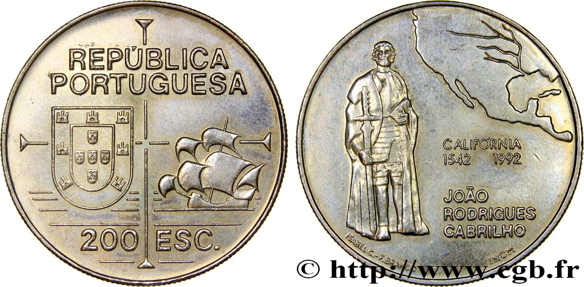 PORTUGAL 200 Escudos João Rodrigues Cabrilho, carte de l’Amérique du Nord 1992  EBC 