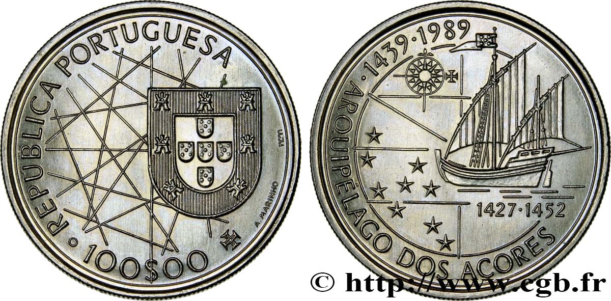 PORTUGAL 100 Escudos découverte des Açores 1989  fST 