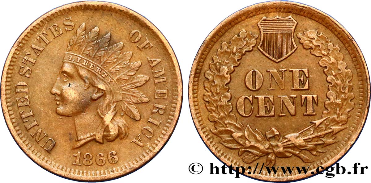 UNITED STATES OF AMERICA 1 Cent tête d’indien, 3e type 1866 Philadelphie XF 