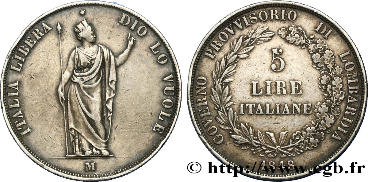 ITALIA - LOMBARDIA 5 Lire Gouvernement provisoire de Lombardie 1848 Milan BC+/MBC 
