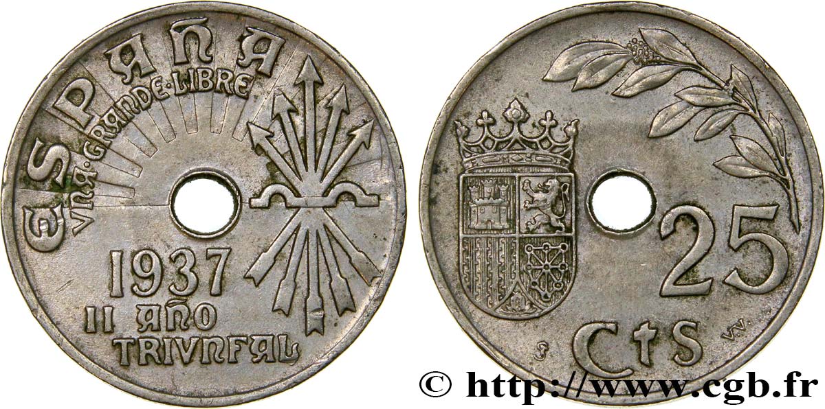 SPAIN 25 Centimos monnayage nationaliste 1937 Vienne AU 