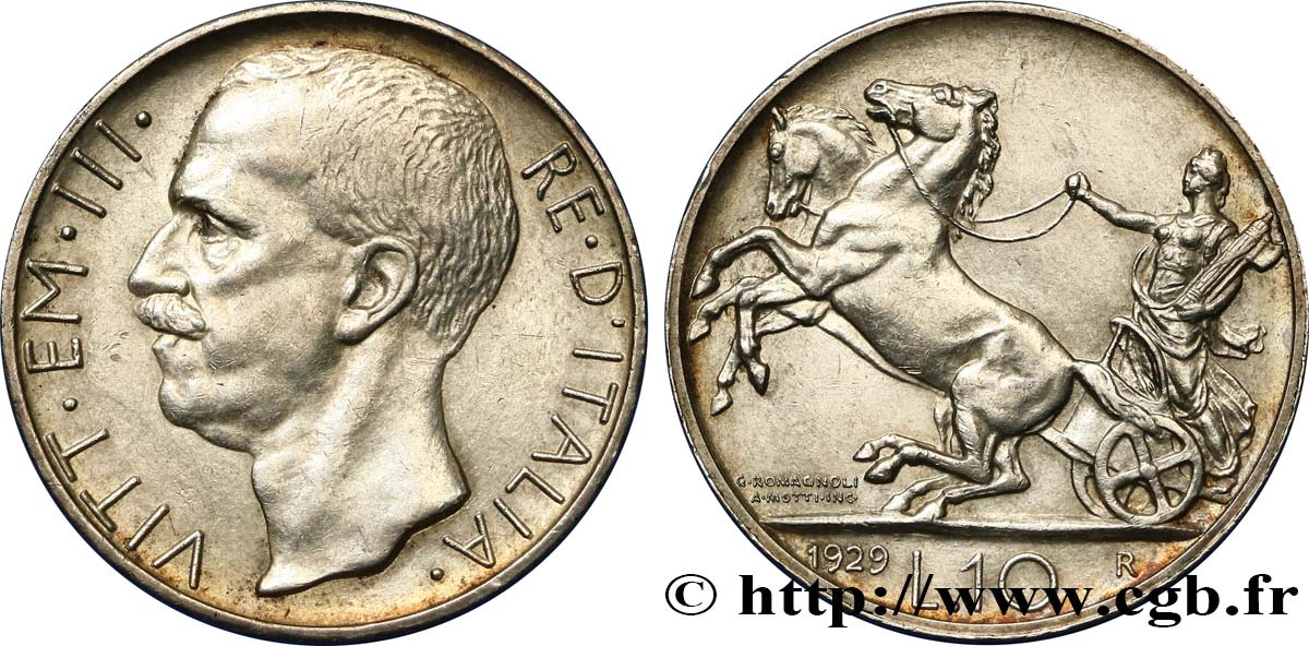 ITALY - VICTOR EMMANUEL III 10 Lire char antique 1929 Rome AU 