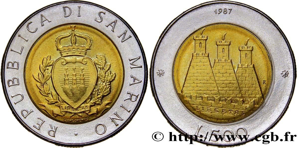SAINT-MARIN 500 Lire 15e anniversaire de la reprise des frappes pour San Marin 1987 Rome - R SPL 