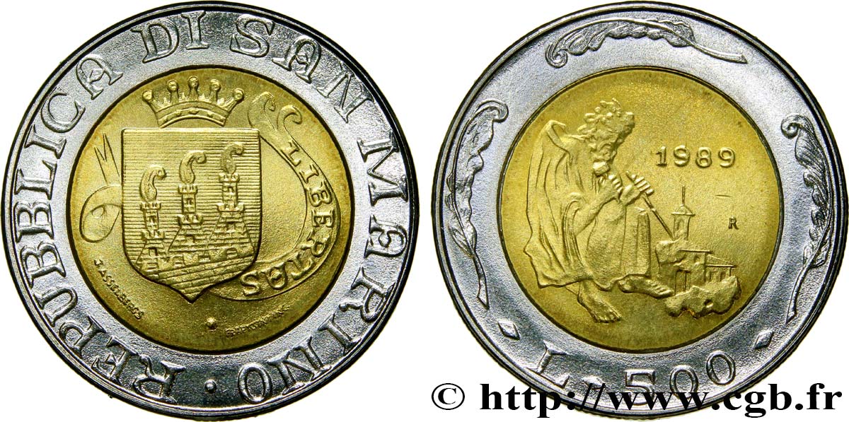 SAN MARINO 500 Lire emblème / graveur de pierre 1989 Rome - R fST 