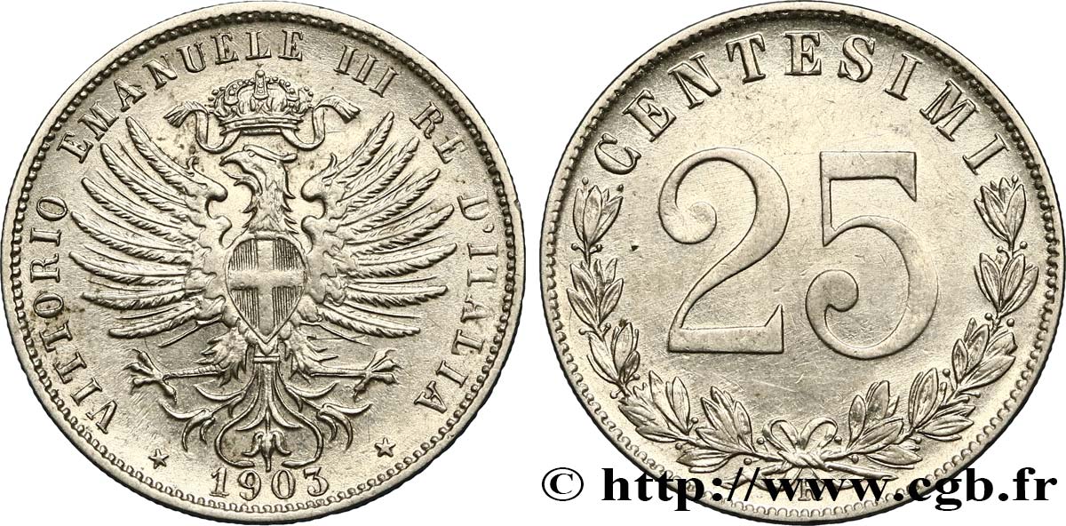 ITALIEN 25 Centesimi aigle couronné 1903 Rome - R VZ 