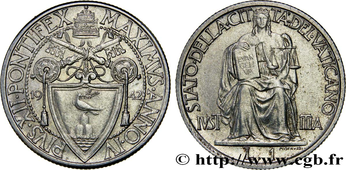 VATICAN AND PAPAL STATES 1 Lira frappe au nom de Pie XII an IV 1942 Rome MS 