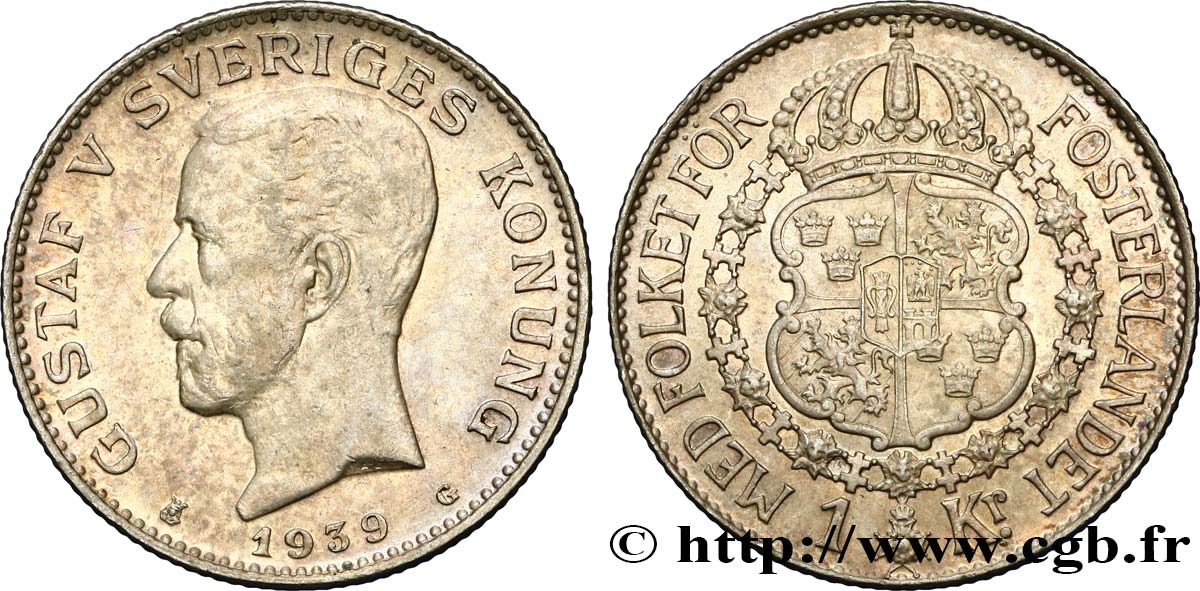 SUECIA 1 Krona Gustave V 1939  EBC 