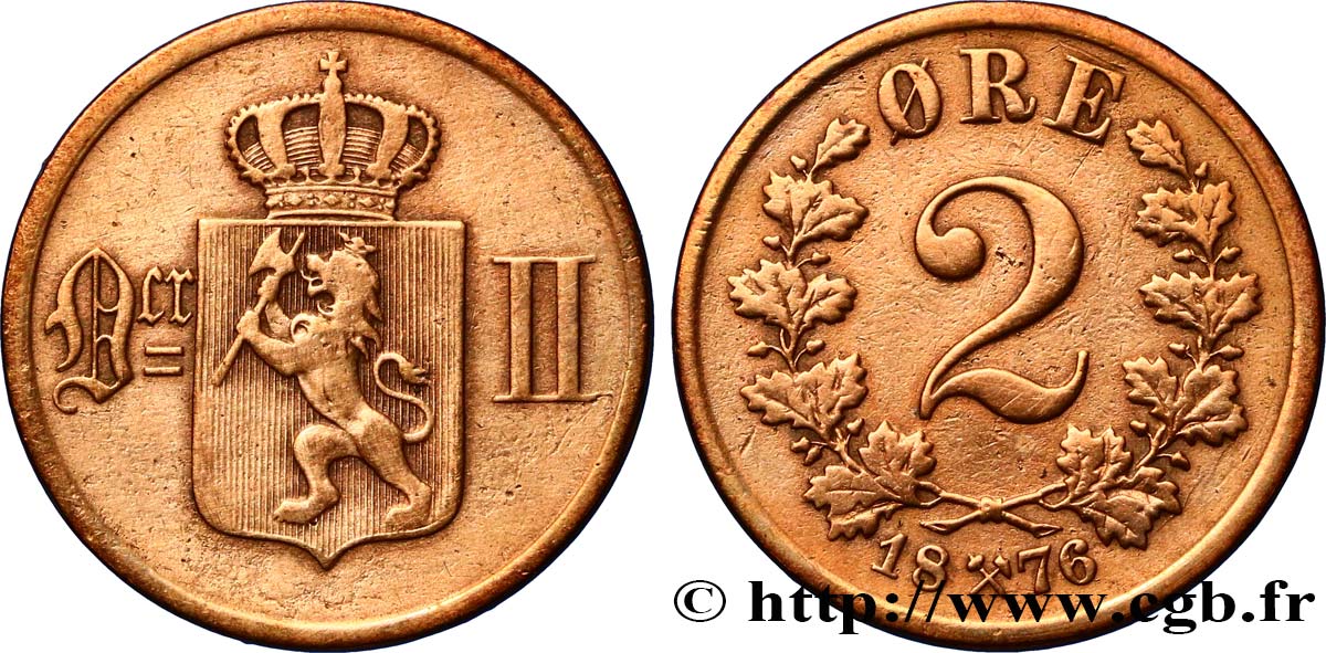 NORUEGA 2 Ore monogramme d’Oscar II et emblème 1876  BC+ 