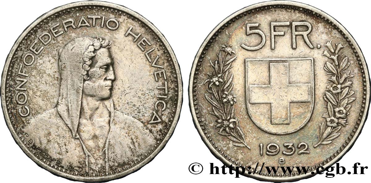 SVIZZERA  5 Francs Berger des Alpes 1932 Berne BB 