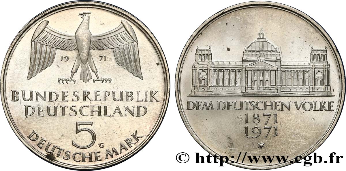 DEUTSCHLAND 5 Mark / Centenaire du parlement allemand 1971 Karlsruhe fST 