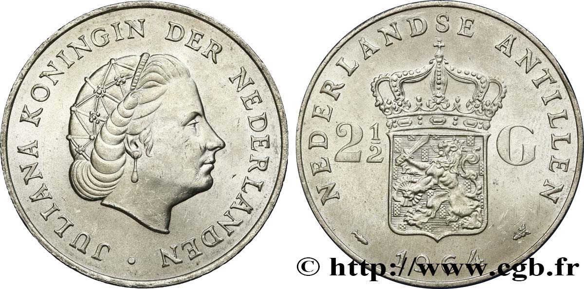 ANTILLES NÉERLANDAISES 2 1/2 Gulden reine Juliana 1964 Utrecht SUP 