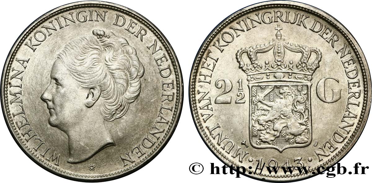 NETHERLANDS INDIES 2 1/2 Gulden Wilhelmina 1943 Denver AU 