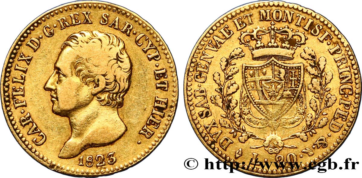 ITALY - KINGDOM OF SARDINIA 20 Lire Charles-Félix 1823 Turin XF 
