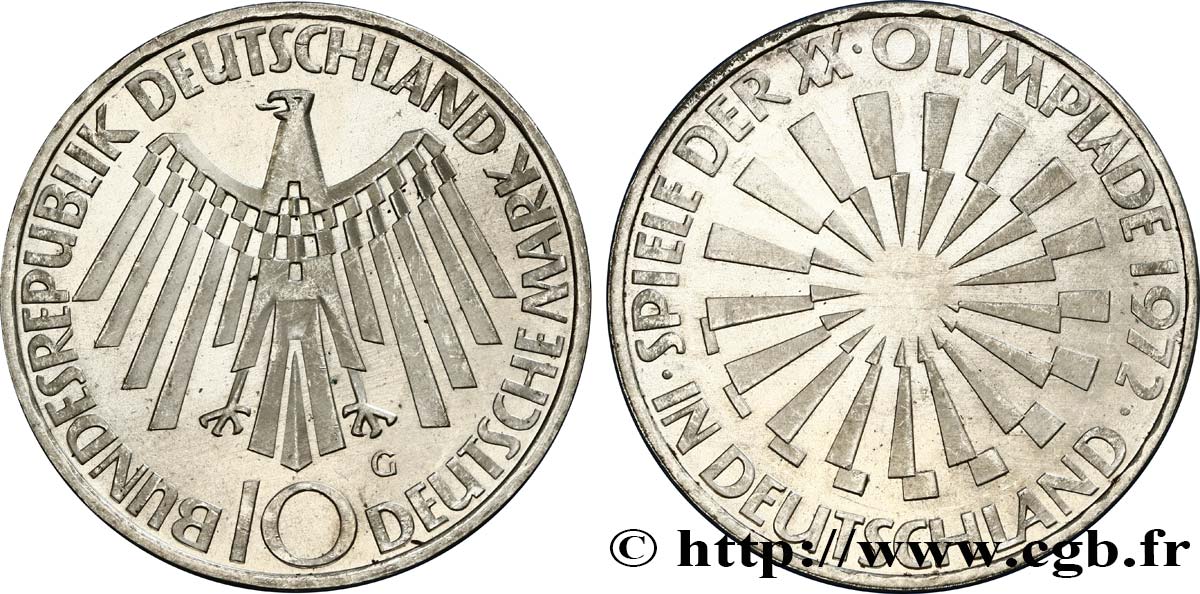 GERMANIA 10 Mark XXe J.O. Munich “IN DEUTSCHLAND” 1972 Karlsruhe MS 