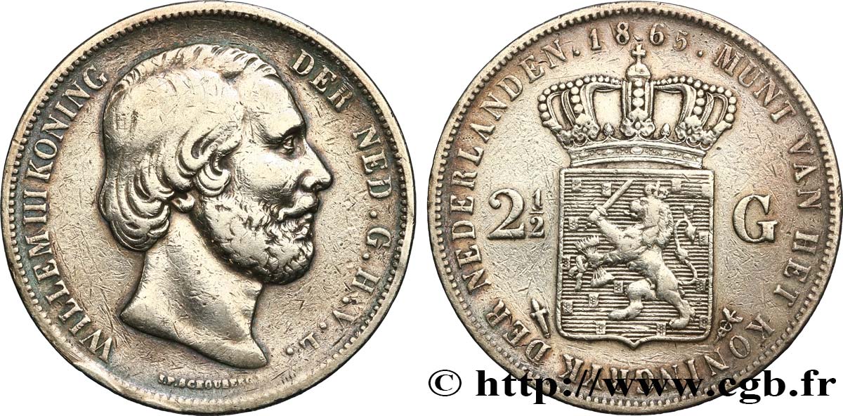 PAYS-BAS 2 1/2 Gulden Guillaume III 1865 Utrecht TB 
