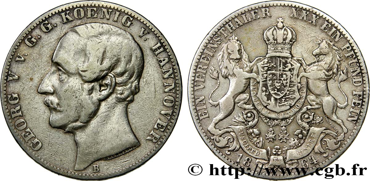 GERMANY - KINGDOM OF HANOVER - GEORGE V Thaler 1864 Breslau VF 