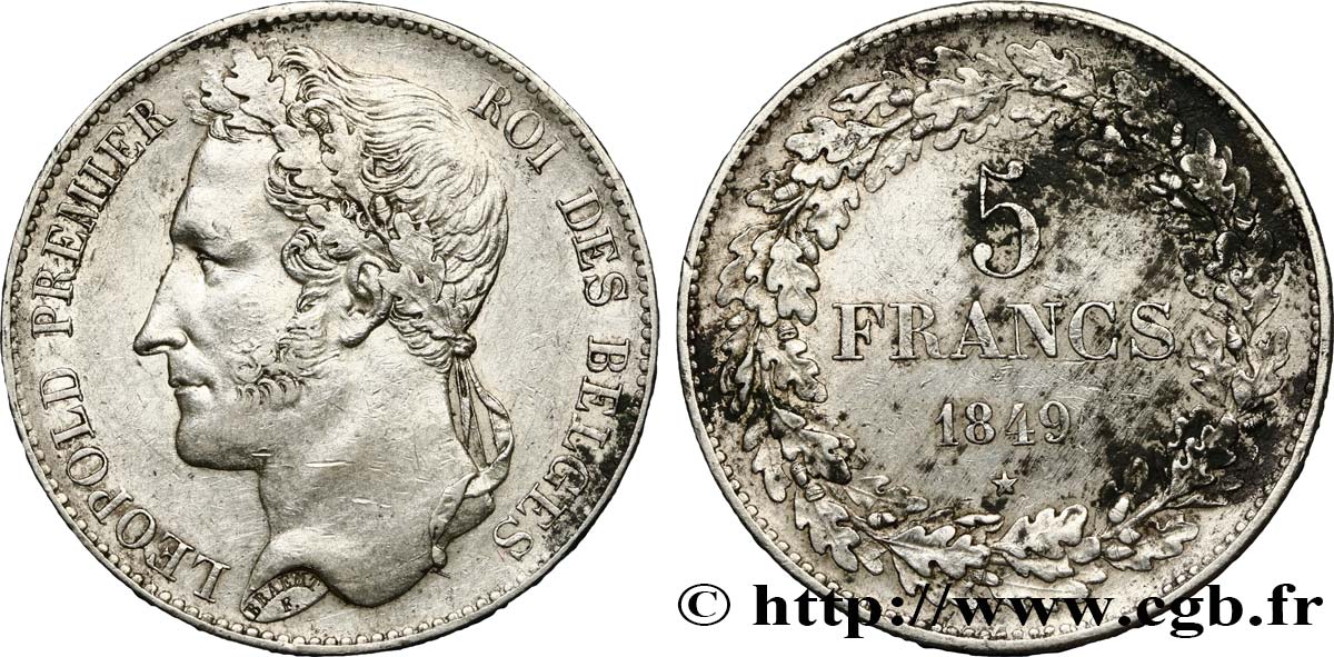 BELGIQUE 5 Francs Léopold Ier tête laurée 1849  TTB 