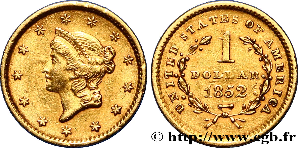 ÉTATS-UNIS D AMÉRIQUE 1 Dollar Or  Liberty head  1er type 1852 Philadelphie TTB 