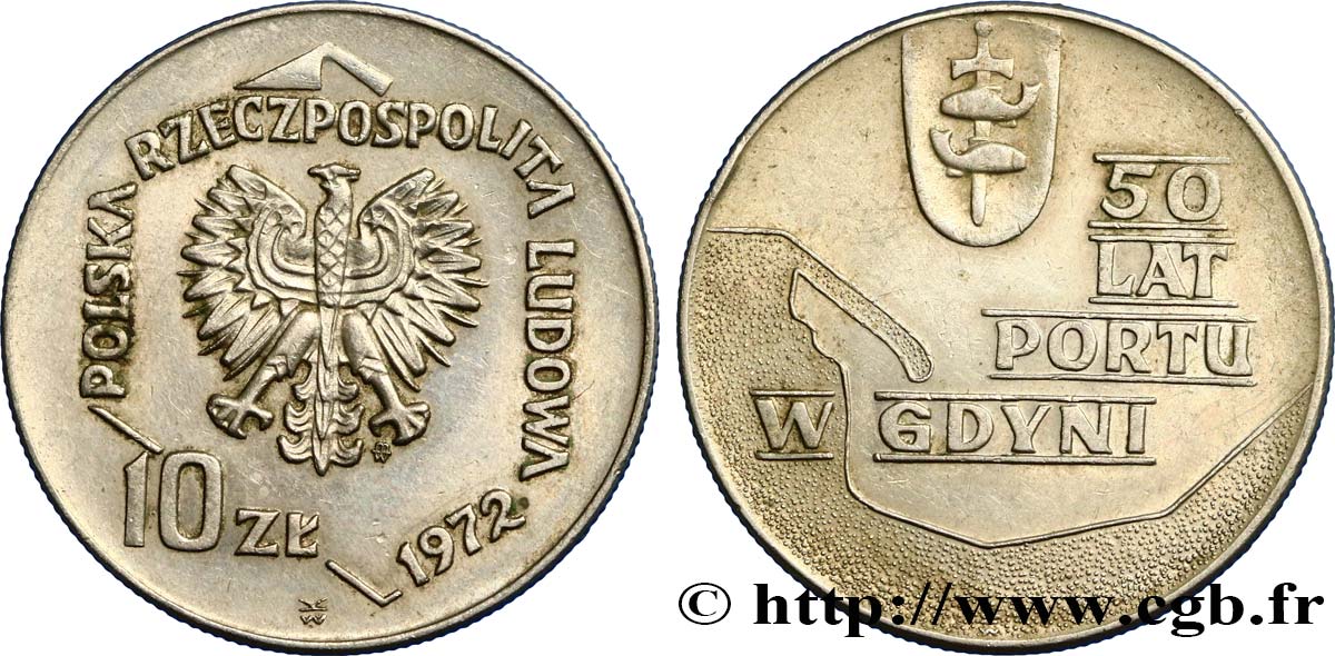 POLEN 10 Zlotych aigle / 50e anniversaire du port de Gdynia 1972 Varsovie VZ 