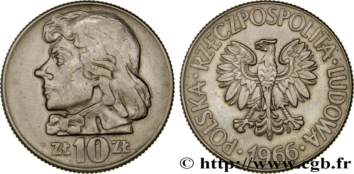 POLOGNE 10 Zlotych aigle / Tadeusz Kosciuszko, chef de l’insurrection polonaise de 1794 1966 Varsovie SUP 