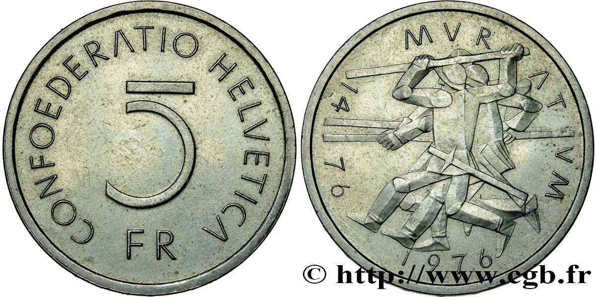 SUIZA 5 Francs 500e anniversaire de la bataille de Murten 1976 Berne EBC 