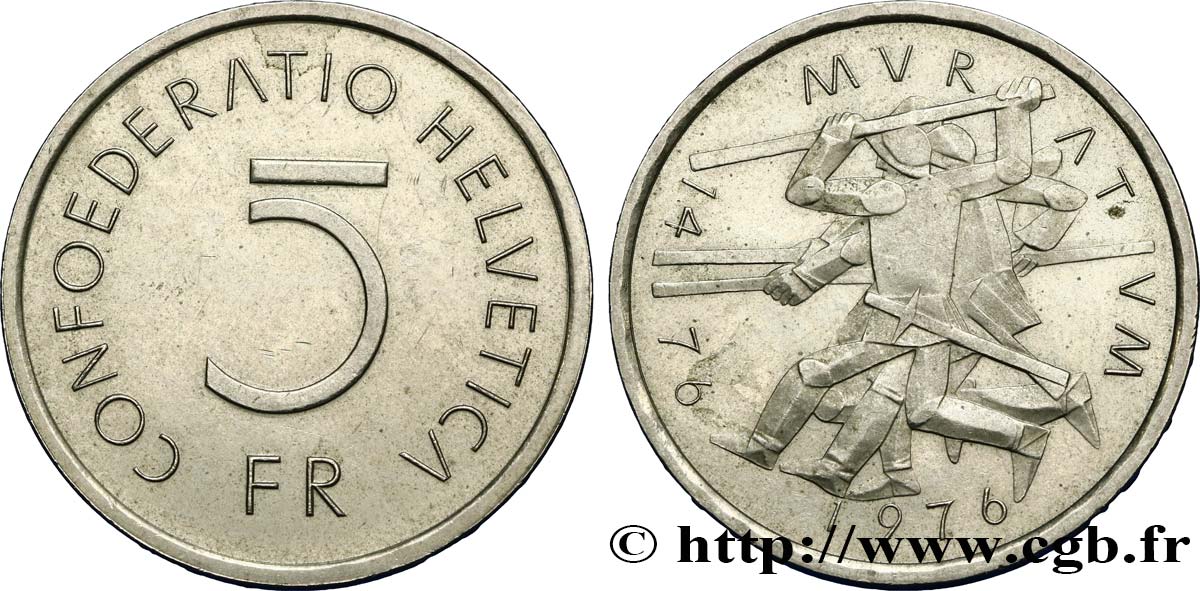 SWITZERLAND 5 Francs 500e anniversaire de la bataille de Murten 1976 Berne AU 