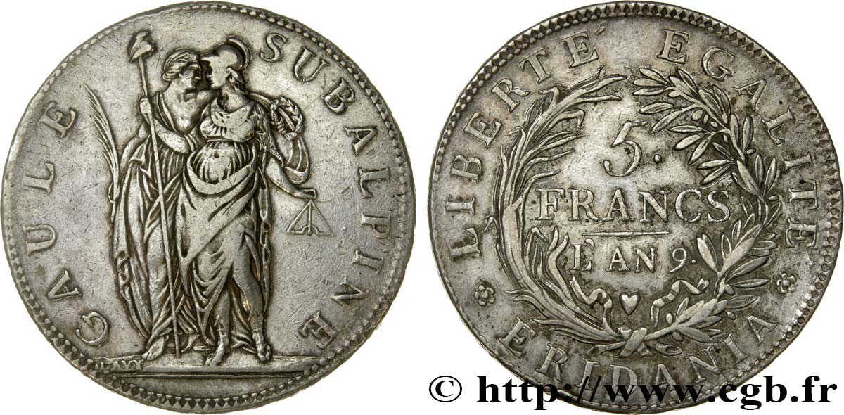 ITALIEN - SUBALPINISCHE  5 Francs an 9 1801 Turin fSS/SS 