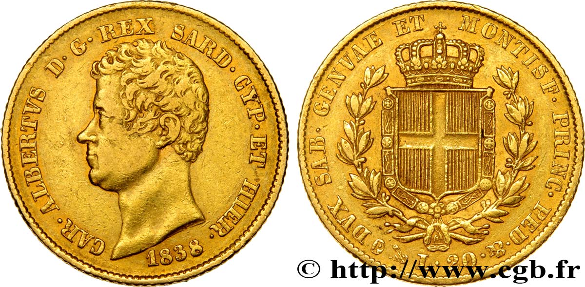 ITALY - KINGDOM OF SARDINIA 20 Lire Charles-Albert 1838 Gênes XF 