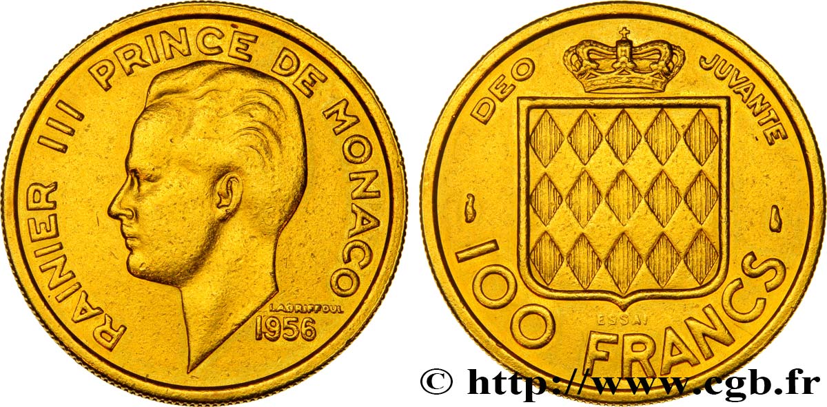 MONACO Essai de 100 Francs or Rainier III 1956 Paris MBC 