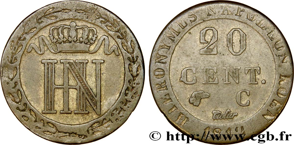 GERMANY - KINGDOM OF WESTPHALIA - JÉRÔME NAPOLÉON 20 Centimes 1812 Cassel q.BB 