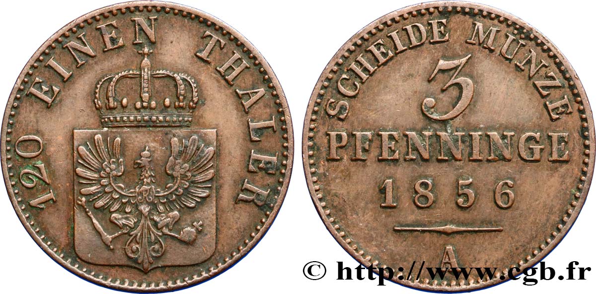 ALEMANIA - PRUSIA 3 Pfenninge Royaume de Prusse écu à l’aigle 1856 Berlin EBC 
