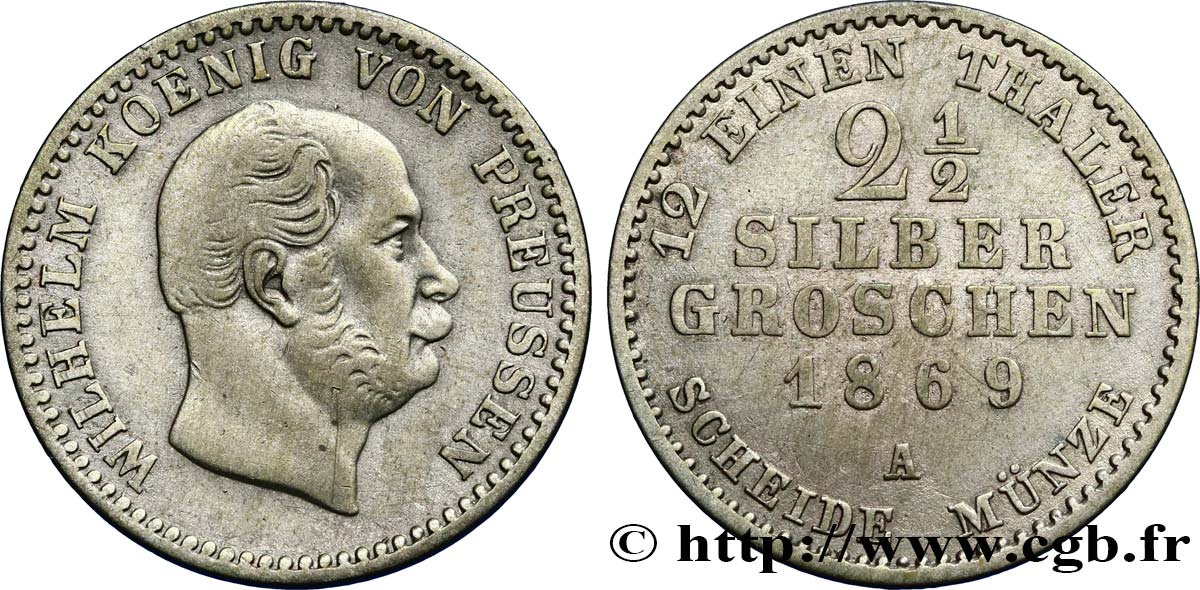 GERMANY 2 1/2 Silbergroschen (1/12 Thaler) Guillaume 1869 Berlin VF 