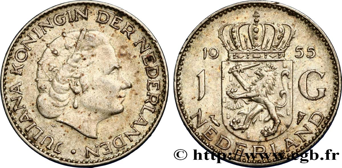 NETHERLANDS 1 Gulden Juliana 1955  AU 